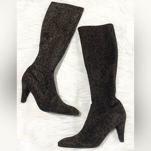 Stuart Weitzman Leopard Suede Knee High Heeled Sock Boots‎ 6